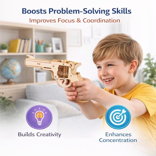 Image of Wooden Rubber Band Gun Toy DIY STEM Building Kit for Kids 8+ | Safe Educational Revolver Model | Learning & Creativity Toy(Revolver Rubber Band Gun)
