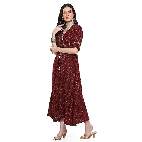 Image of Rangriti Maroon Cotton Blend Printed Dress for Women