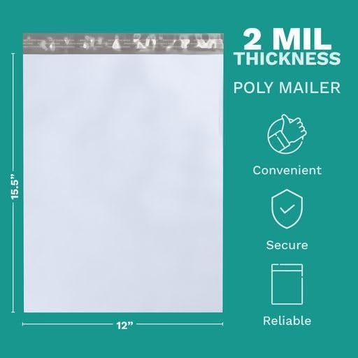 12" X 15.5" Large Poly Mailers, 200 Count White Polymailer Shipping Envelopes for Clothes 2 Mil Unpadded Waterproof Opaque Self-Seal Poly Bags with Tear/Puncture Proof Adhesive Strip