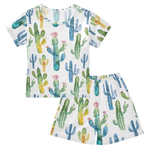 ALAZA Watercolor Cactus Tropical Stylish Pajamas Short Sleeve 2 Piece Sleepwear Top and Bottom Pajama Set Unisex