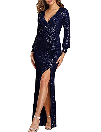 ANATA Plus Size Dresses for Wedding Guest Sparkly Sequin Party Slit Long Sleeve Prom Maxi Ladies High School Graduation Banquet Pageant Maternity Dress for Photoshotos Navy Blue Christmas XXL