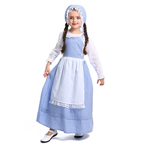 2026 Disfraz de granja para niños y niñas, vestido de manga larga, vestido de princesa a cuadros, delantal con sombrero, cosplay, carnaval, fiesta, disfraz, azul, 8-10 años