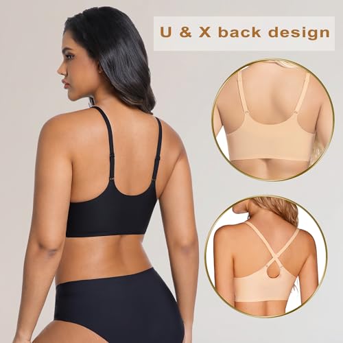 Image of PRETTYWELL Comfortable Bras, Seamless Wire Free Everyday Bras for A to D Cups, V Neck Soft and Light Basic Bras for Women