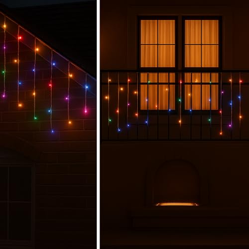 Image of Litehom Icicle Diwali Lights Outdoor, 10ft 96 LED with 16 Drops Icicle Lights, Plug in Lights with 8 Modes Waterproof for Decoartion Light for Diwali, Christmas, Birthday, Ganesh Puja (Multicolor)
