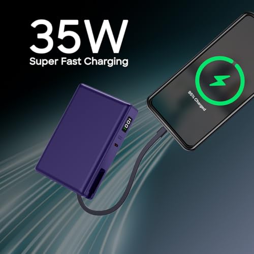 Image of pTron Dynamo Sprint 20000mAh 35W Super Fast Charging, USB Type-C Input Power Bank Compatible with QC3.0 /PD3.0, Built-in Charging Cable, 3 Charging Outputs, Type-C Input /Output Port (Purple)