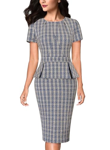 Image of VFSHOW Womens Pleated Crew Neck Peplum Work Business Office Church Bodycon Pencil Sheath Dress