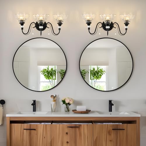 Image of Black Bathroom Vanity Light, 3-Light Matte Black Finish Farmhouse Wall Sconce with Hanging Crystal Accents and Flower-Shaped Clear Glass Shades, Retro Wall Mount Vanity Light Over Mirror for Bathroom