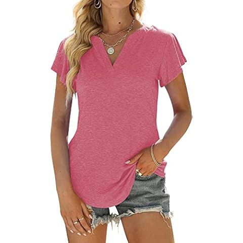 Kaupun Women's V Neck Shirt Ruffle Short Sleeve Casual Summer Tunic, A-pink, X-Large Cover