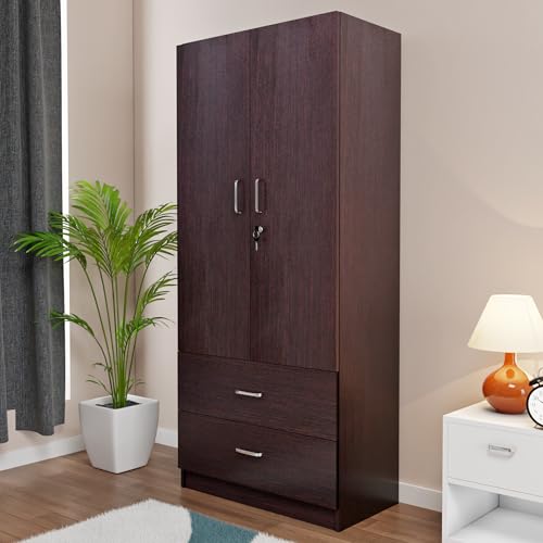 Image of VIKI Wardrobe | Tulum Wardrobe | Wooden Almirah for 2 Door Wardrobe with 2 Drawer & Hanging Space (Dark Wenge - 40D x 80W x 180.8H) | 1 Year Warranty | Free Assembly