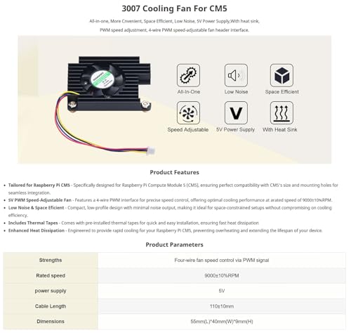 Ventilador Raspberry Pi CM5 con disipador de calor y control de velocidad PWM 5V 3007 5
