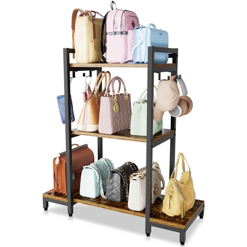 Aquzee Purse Shelf Storage, 3 Tier Stand Bag Organizer for Handbag Organizers, Backpack Storage with 4 Hooks for Holder, Large Purse Shelf for Closet, Home Living Room Bedroom Purse Storage Ideas