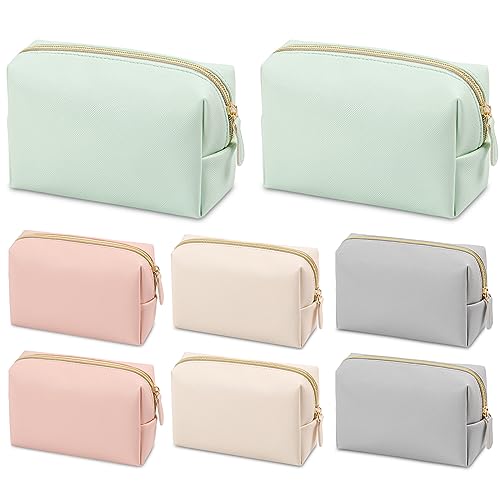 8 Pcs Small Preppy Makeup Bag, PU Leather Zipper Cosmetic Bag Bulk, Plain Cosmetic Pouch Waterproof Versatile Portable Toiletry Bag Daily Storage Beauty Bag Organizer for Wedding Party Gift Travel
