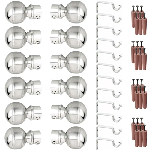 Image of GRIVAN Stainless Steel Curtain Bracket Parda Holder With Support 1 Inch Rod Pocket Finials Designer Door and Window Support Fittings (Silver Pair of 6)