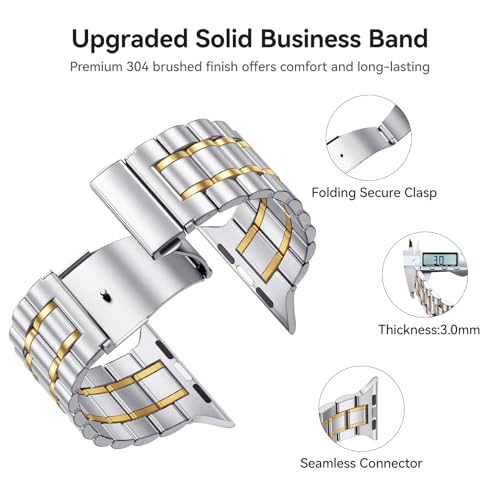 Image of Bestig Compatible with Apple Watch Bands for Men Women 49mm 46mm 45mm 44mm 42mm(Series 3 2 1), Stainless Steel Metal Business Wristband Strap for iWatch Ultra Series 11 10 9 8 7 6 SE 5 4, Silver /Gold