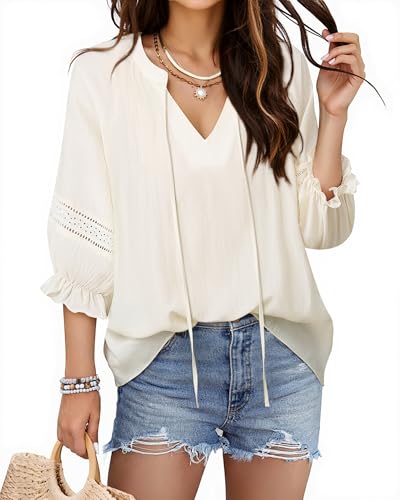 Womens Summer Blouses Flowy Casual V-Neck Front Tie Tops 3/4 Sleeve with Elastic Cuffs Vacation Shirts Boho