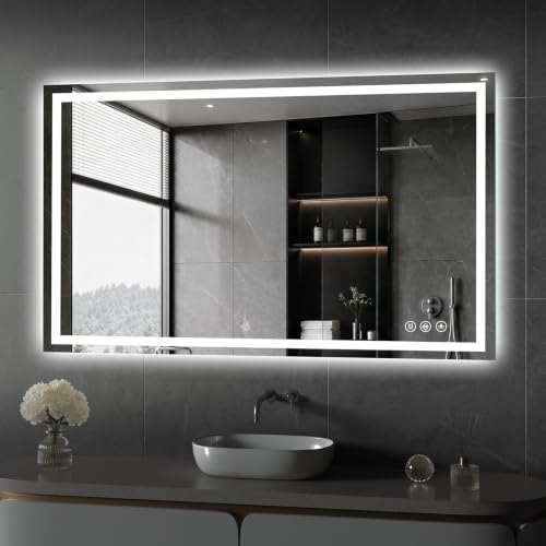 Image of Koonmi 48x28 LED Bathroom Mirror with Light, Anti-Fog, 3 Colors | Backlit + Front Lit, Dimmable Brightness, Shatterproof HD Distortion-Free Tempered Glass, Hardware Included