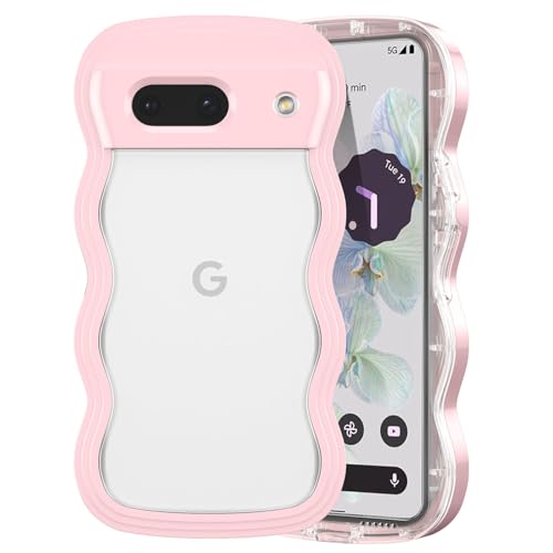 QLTYPRI Google Pixel 8a 用 ケース クリア ウェーブ ピクセル 8A ソフト TPU うねうね 透明 ケース おしゃれ 韓国 可愛い 薄型 軽量 耐衝撃 波状フレーム スマホケース ワイヤレス充電対応 ストラップホール付き(Goog