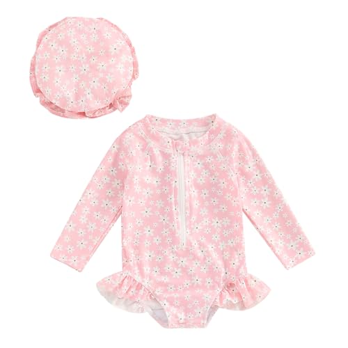 Image of Toddler Baby Girl Cute Rash Guard Floral Long Sleeve Zipper Swimsuits Summer Beach Bathing Suits