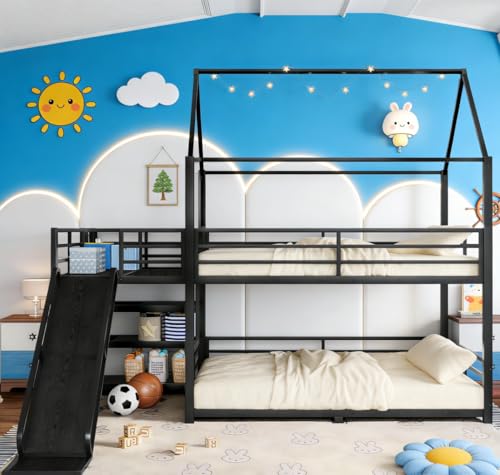 Image of Bellemave Metal Bunk beds Full Over Full with Slide and Storage Stairs, House Floor bunk Bed with guardrail for Kids,Black