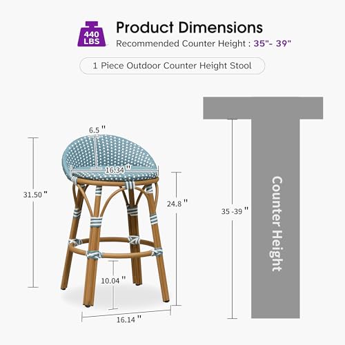 Image of PURPLE LEAF Patio Oversized Backrest Counter Height Stool Set of 1 Outdoor Round Barstools Aluminum Frame in Bamboo Finish Woven Rattan for Indoor Kitchen Dining Bistros Cafe Restaurant Light Blue