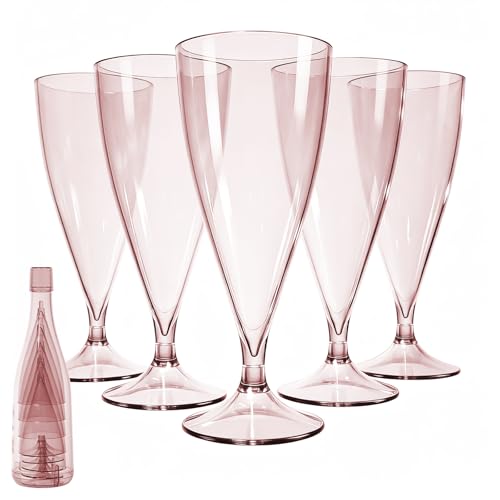 Cozary 5 Copas de Champán de Plástico, con 1 Funda para taza, 150ml Copas Vino, Vasos Resistentes y Reutilizables, para Cócteles, Postres - Bodas, Cumpleaños, Fiestas, Rosa