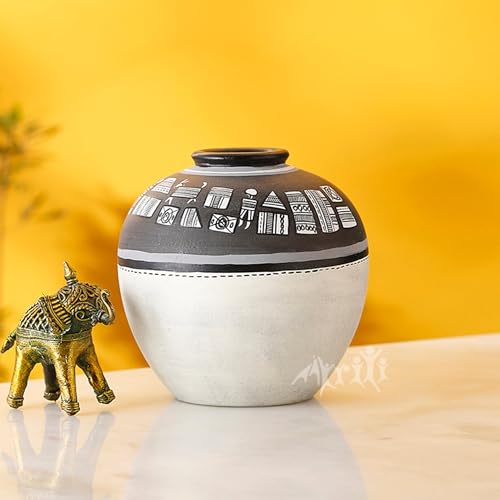 Image of Aakriti Art Creations Handcrafted Black & White Warli Terracotta Vase (5x5 HxD) | Tribal Art Decorative Flower Vase | Matte Finish Modern Vase for Living Room Decor, Table Decor, Shelf Decor & Gifting