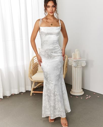 GLNEGE Damen Satin Bodycon Maxikleid Elegant Formell Spaghettiträger Wasserfallausschnitt Abend Party Kleider – Bild 3