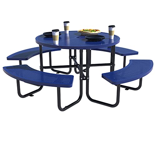 Vumall Commercial Picnic Tables With Benches, Waterproof Patio Dining Tables With Umbrella Hole, All Metal Heavy Duty Expandable Dining Table For Outdoors, School, Hospital, Blue #TOP4