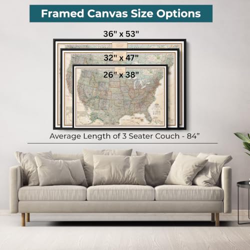 Image of Executive United States Map with Pins - Detailed National Geographic USA Canvas Travel Tracker - Extra Large Framed Wall Art - Silver Float Frame - 34 inch x 51 inch