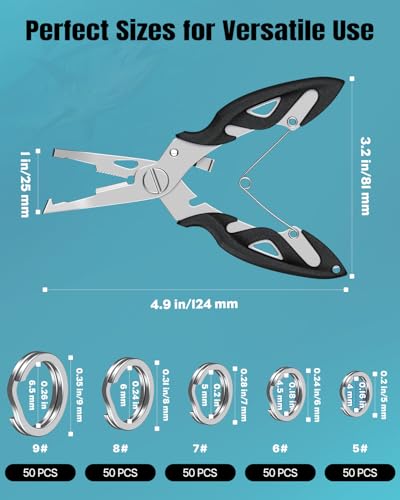 Image of Pawfly 250 Pcs Split Rings and Split Ring Pliers Kit for Fishing | 5 Sizes Fishing Split Rings & Fishing Pliers, Fishing Lure Connectors, Stainless Steel Split Rings for Saltwater & Freshwater