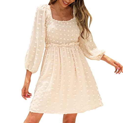 Robe d'été pour femme à manches lanternes décolleté carré A-line Swiss Dot, beige, XL