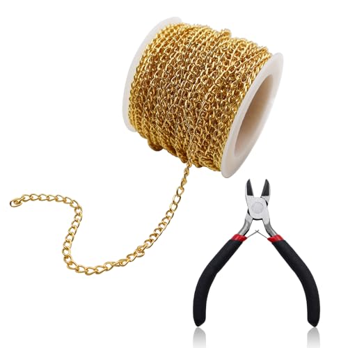 TXS 33 Feet Chain for Jewellery Making with Jewelry Pliers Jewellery Making Chains for Jewellery Making Stainless Steel Chain Link Chain Gold with Spool Necklace Chains for Jewellery Making 4X2.7mm