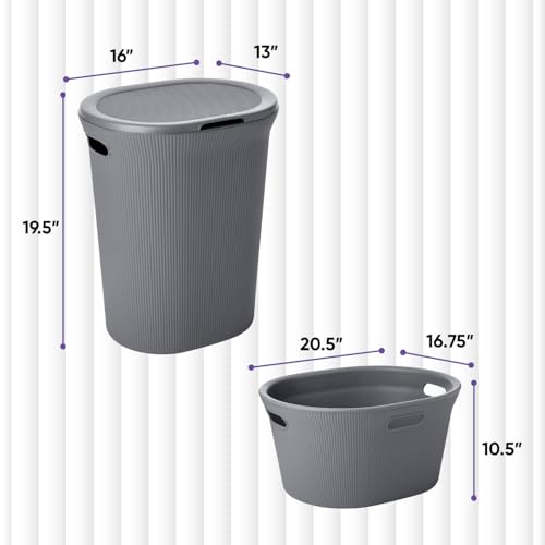 Image of Superio Ribbed Collection - Decorative Plastic Laundry Basket & Laundry Hamper with Lid and Cut-Out Handles, Grey (Set of 2) Organzier for Bedroom Bathroom College Dorm Room