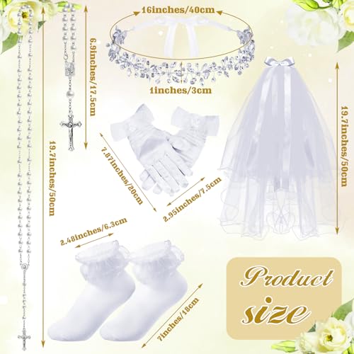 Quelay 9 Pcs First Communion Veil Set for Girls Catholic 1st Communion Veil Accessories Wreath Headpiece Crown Pearl Rosary Pouch Belt Necklace Bracelet White Gloves Sock for Kid Wedding2