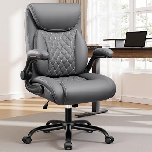 Image of BESTFAIR Office Desk Chair with Lumbar Support for Lower Back Pain | Executive Leather Home Chair Comfy with Padded Flip-up Armrests, Gray, 4-Pack