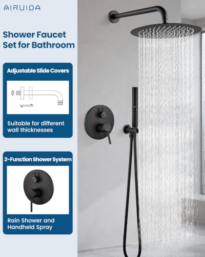 Conjunto de grifo de ducha Airuida, sistema de ducha de 12 pulgadas en negro mate con cuerpo de válvula de instalación, ducha de mano de 2 funciones y cabezal de ducha tipo lluvia miniatura 4