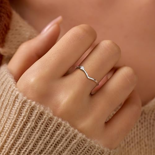 SUYACS Dainty 14K Gold Plated V Rings for Women Non Tarnish 925 Sterling Silver CZ Birthstone Wedding Bands Engagement Promise Ring Stackable Thin Simple Ring Jewelry Birthday Gifts for Her2