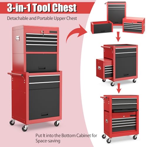Image of Goplus 6 Drawers Tool Chest, Rolling Metal Tool Box with Universal Wheels, Protective Liner, Detachable Top Toolbox, Auto Lock, 3-in-1 Large Tool Cabinet for Garage Shop Auto Repair