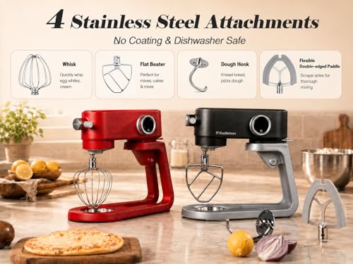 Kraftsman All Metal Stand Mixer DC Motor - Heavy Duty Dough Mixer 5.3 Quart with 4 Stainless Steel Attachments, Quiet Operation with Timer, Verstile Standing Mixer with Power Hub, 8-Speed (Red) — view 4