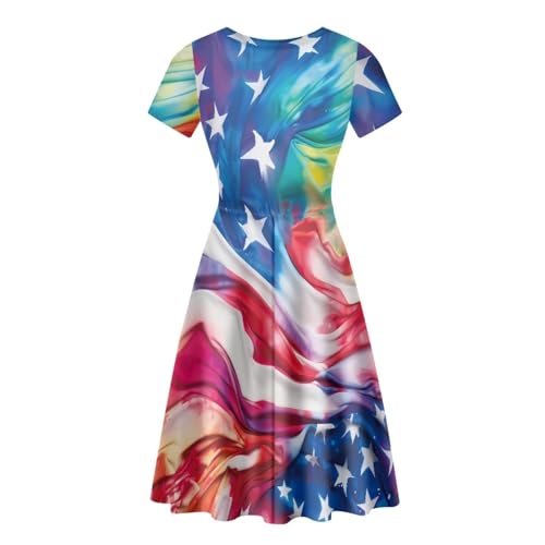 Image of POLERO Women Puffy Swing Elegant Party Midi Dresses Short Sleeve Round Neck A-Line Dress