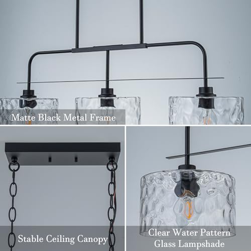 Image of 36 inch Linear Chandelier with Clear Rippled Glass Shades 3-Light Black Linear Pendant Light, Industrial Hanging Chandelier for Kitchen Island, Dining Room, Living Room, Pool Table