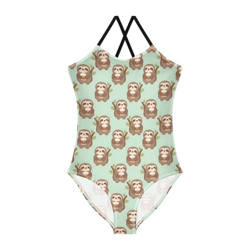 senya Girls Swimsuits One-Piece Swimwear Tie Bathing Suit Beach Summer Round Neck 7-8T Sloth Milk Tea Pattern