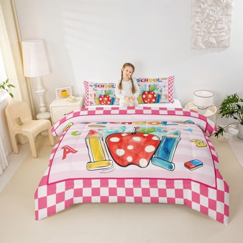 Castle Fairy Back to School Comforter Set with 2 Pillowcases,Stripes Pencils Glue Super Soft Microfiber Bedding Set for Adults Teens,First Day of School Pink Duvet Set for Room Decor,King