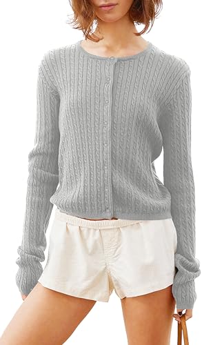 Women Y2k Cute Crewneck Cable Knit Lightweight Cropped Cardigan Tops Fall Open Front Button Pullover Sweaters