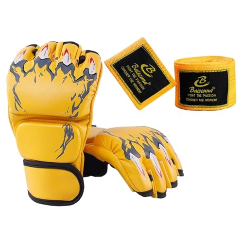 SunsoilGiant Guantes de Boxeo Guía de Antigolpe Abiertos Semi Dedos Espuma Ajuste Cómodo para Hombres Mujeres Deportivo Grappling Kickboxing, Amarillo