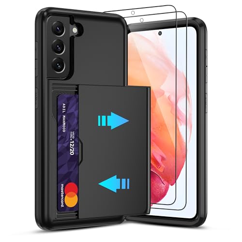 Pilaru Sliding Card Holder Case for Samsung S21 | Hidden Slot Cards | 2 screen protectors | Shockproof & Anti-Slip Protective Wallet Cover | Durable Dual-Layer Design for Galaxy S21 Black