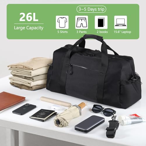FOREGOER Weekender Travel Bag with Laptop Compartment 26L, 20×10×8 Personal Item Duffle Bag, Waterproof Nylon Carry-On Overnight Travel Bag for women men, Hospital Bag for Labor and Delivery(Black)2