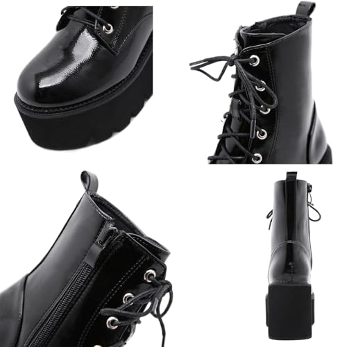 Women'S Leather Round Toe Lace-Up Platform Chunky Heel Ankle Boots Fashion Side Zipper Chunky High Heels Combat Booties Anti-Slip Wedges Motorcycle Boots3