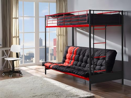 Vente-unique - Lit Mezzanine 90 x 190 cm - avec Banquette Convertible - Métal - Noir et Rouge + Futon - MODULO V - pour Enfant
