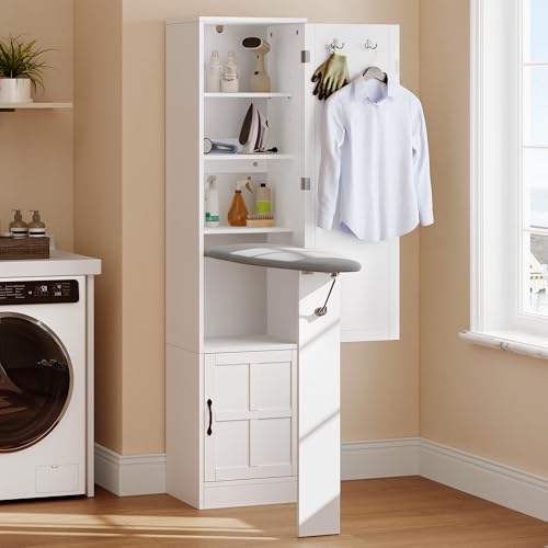 DWVO Storage Cabinet with Ironing Board, Flip-top Ironing Board Cabinet with Storage, Adjustable Shelves, Ironing Supplies Organizer for Laundry, Bedroom